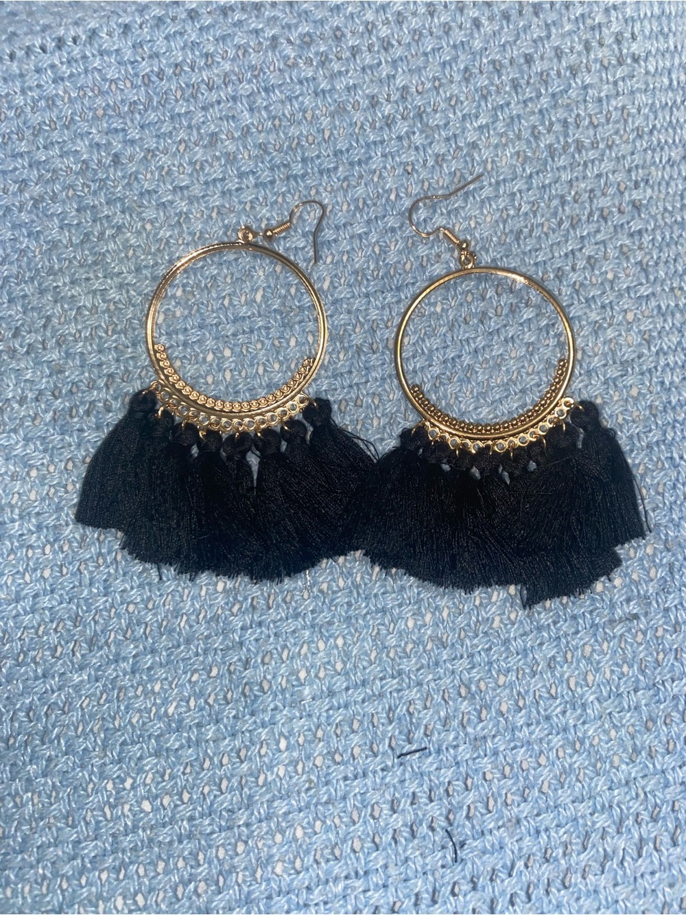 Artisan Gold Hoop Earrings with Black Tassels